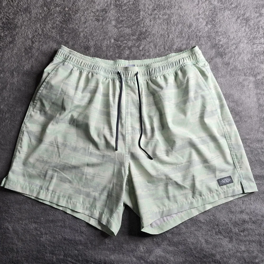 Aftco Strike Shorts Mens Large Mint Shoreline Camo Swim Lined 5.5